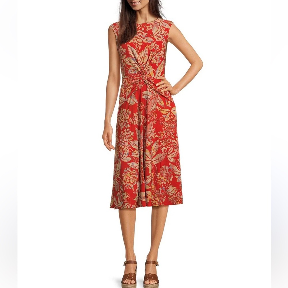 LAUREN Ralph Lauren Tessanne Floral Motif Jersey Pleated Twist A-Line Midi Dress